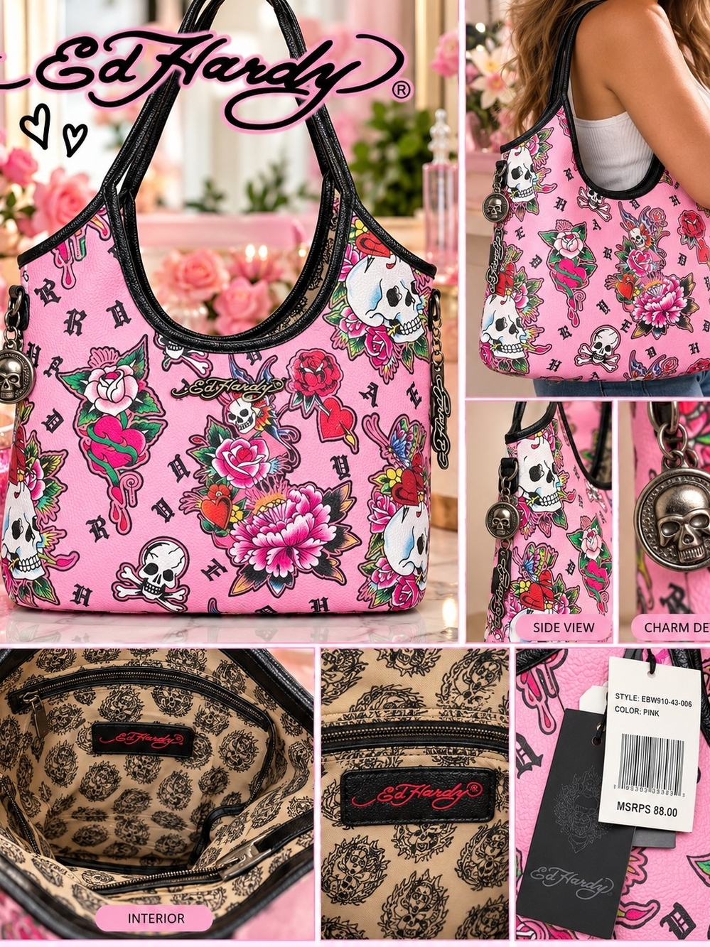 Ed Hardy Pink Floral & Skull Shoulder Bag with Black Trim